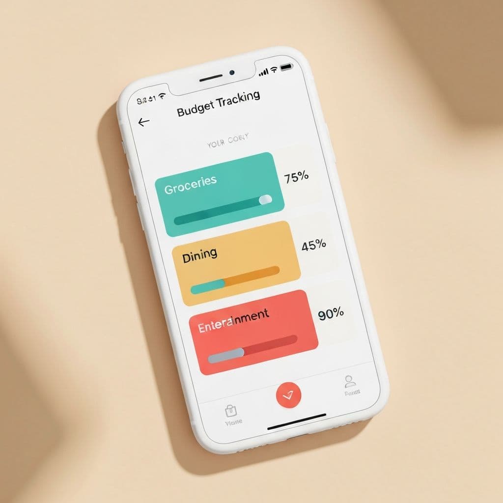 FamilyFlux budget tracking screen showing category progress bars for groceries, dining, and entertainment