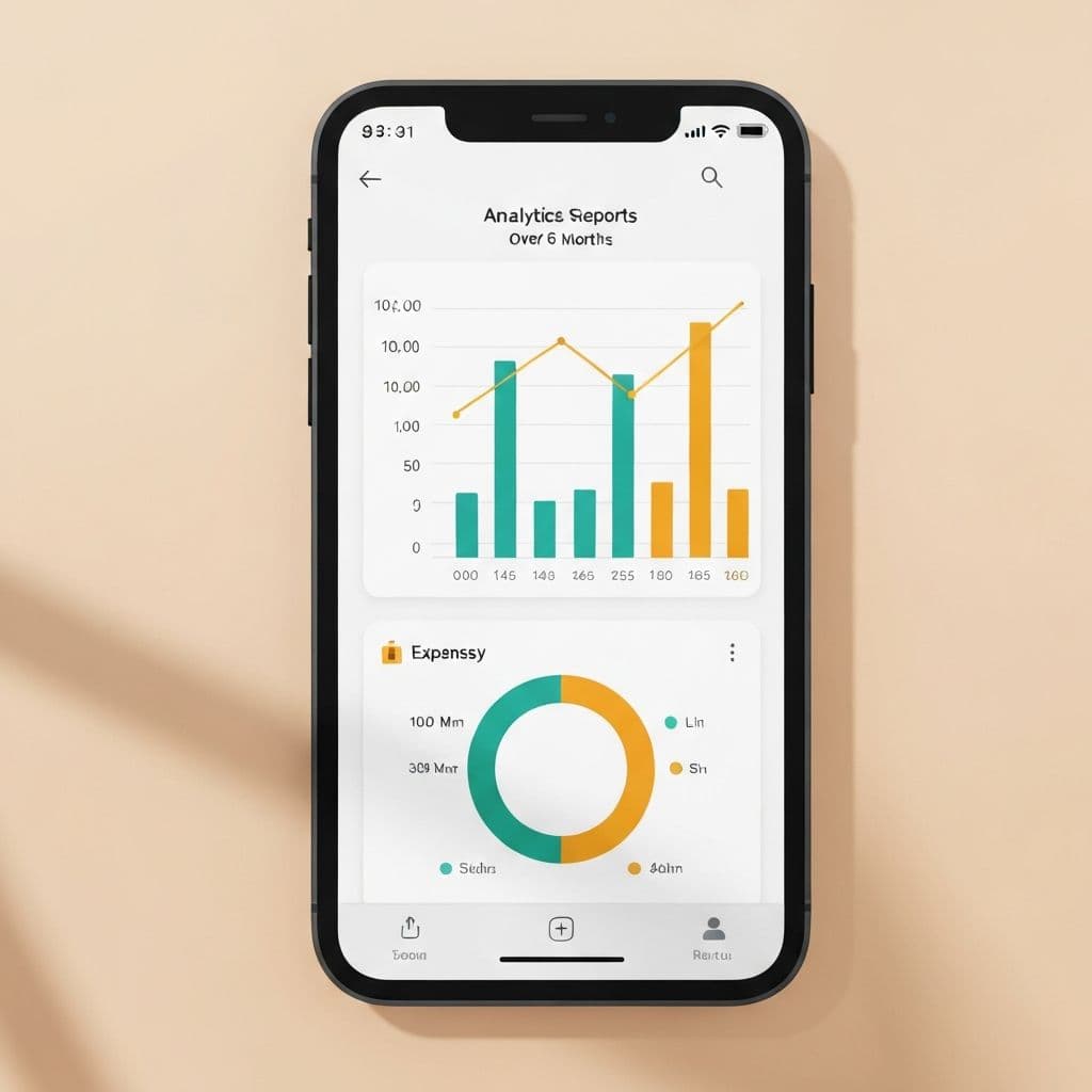 FamilyFlux reports screen showing monthly spending trends and expense category breakdown charts
