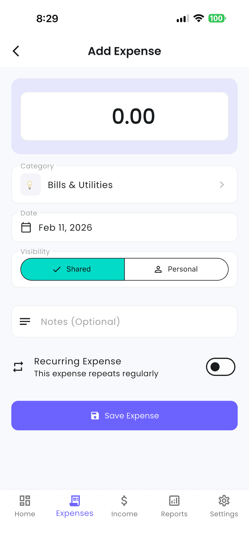 FamilyFlux add expense form with category selection and shared/personal toggle